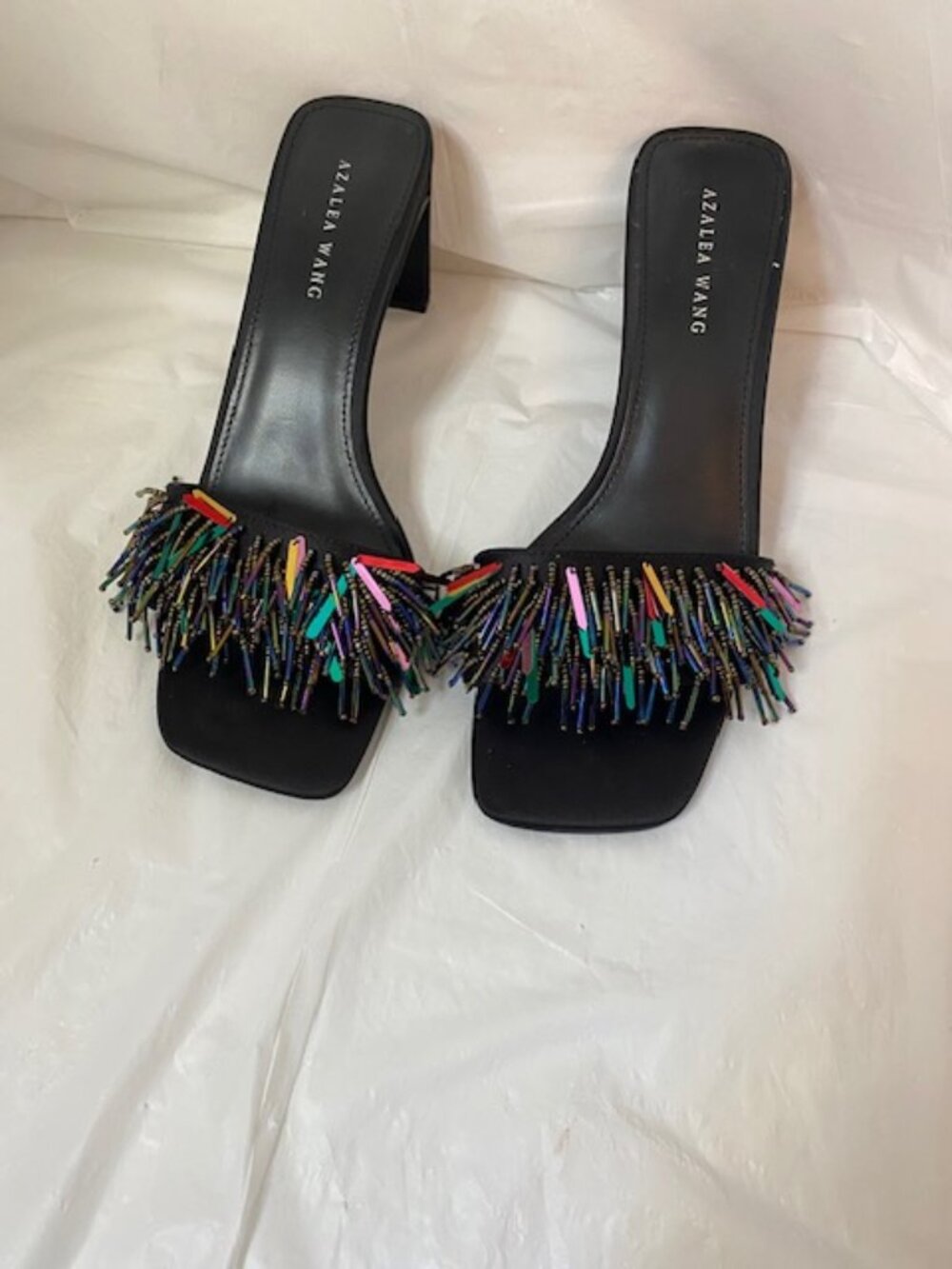 Azalea Wang Multi-Color Beaded Fringe Heeled Sandals, Women's size 7.5